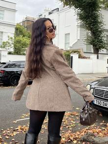 NegzBox Retro Chic Commuting Brown Plaid Suit Set - Cinched Waist Blazer Jacket + Low Waist Skirt 2 Pieces Set (Including Shoulder Pads) In Fall/Winter - Multicolor - View 2