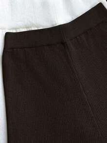 Franclia 女士高腰罗纹针织竖条纹喇叭裤，弹力修身九分裤，秋冬款 - 咖啡棕 - 查看 3