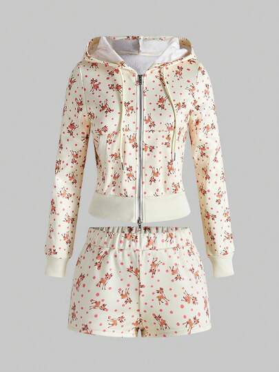 ROMWE Avant 2 pièces Ensemble de sweat-shirt à pois mignon avec motif de cerf pour femmes