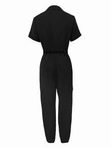 INAWLY Bộ đồ liền thân thường ngày cổ khóa kéo màu trơn dành cho nữ - màu đen - Xem 2