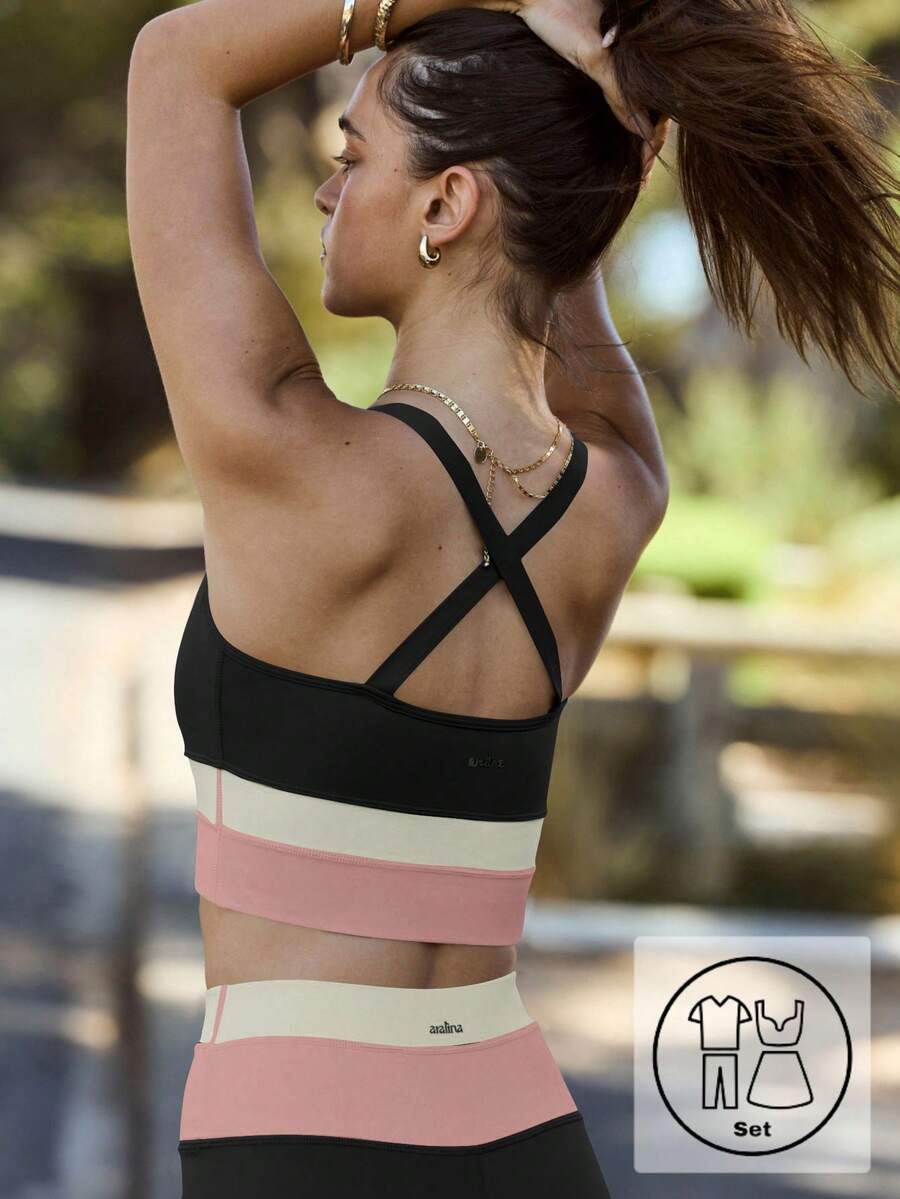 Aralina Leisurwear Colour Block Sleeveless High Waisted Workout Crop And Legging Two Pieces Set - Black - View 1