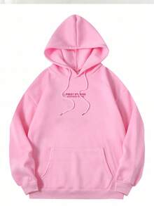 SHEIN Women's Casual Daily Commute Letter Print Kangaroo Pocket Drawstring Hooded Thermal Lined Sweatshirt, Autumn/Winter - Pink - View 6