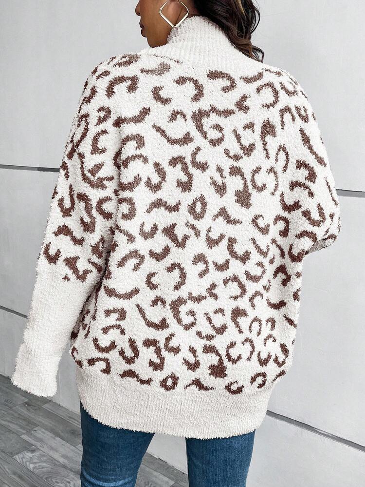 Plus Size Women Leopard Jacquard Knit Cardigan, Casual Long Sleeve For Autumn/Winter