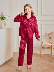 SHEIN 少女仿丝豹纹提花酒红色长袖睡衣套装 - 酒紅色 - 查看 5