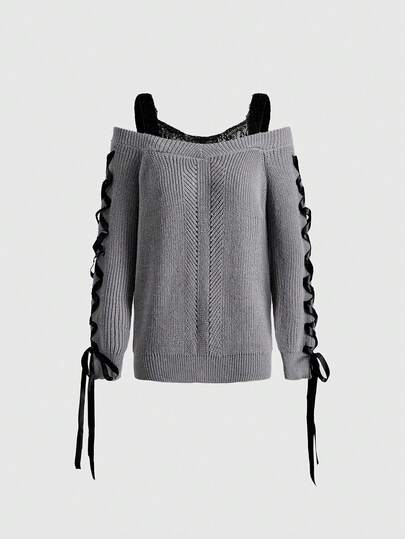 Suéter de mujer con hombros descubiertos, encaje de contraste y cordón lateral