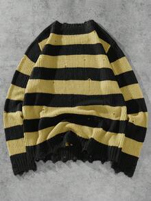 Manfinity Roghcode Men's Contrast Color Round Neck Long Sleeve Striped Loose Knit Pullover Sweater Grunge Sweater - Yellow - View 2