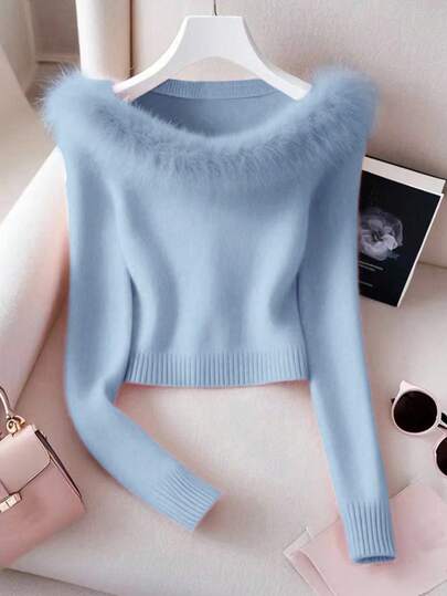 Franclia 时尚纯色拼布毛领露肩毛衣