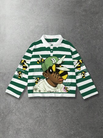 Street Life Herren Figur- & Streifendruck Langarm Poloshirt, Loose Fit