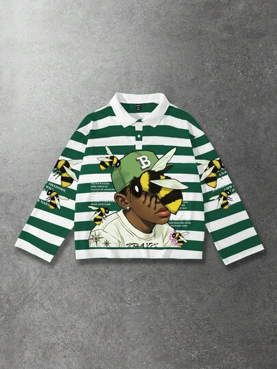 Street Life Polo a maniche lunghe da uomo con stampa a figura e righe, vestibilità morbida