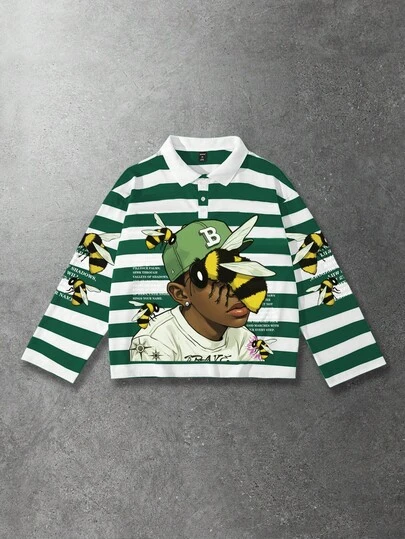 ROMWE MEN Street Life Spring Casual Graphic Men'S Figure & Striped Print Long Sleeve Polo Shirt, Loose Fit