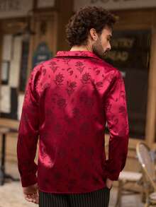 Manfinity NXTstreet Men's Floral Jacquard Single-Breasted Casual Long Sleeve Shirt, Christmas Rose Print Luxury Burgundy Dress Shirt, New Year Glamour - Red - View 2