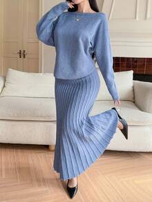 DAZY Women's Elegant Solid Color Sweater & A-Line Skirt 2 Pieces Set, Autumn - Blue - View 3