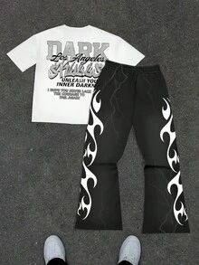 GENIUS ODE 2 件男士肖像和字母图案休闲圆领短袖 T 恤和喇叭裤套装，街头风格 T 恤和喇叭裤套装