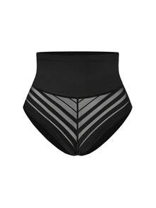 SHAPORA Women's High Waist Black Panty With Mesh Striped Splice, Fashionable Slimming, Suitable For Daily Commute And Fitness - Black - View 3