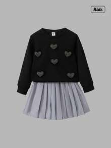 Sweetra 2pcs/Set Young Girl' Sweatshirt Top And Heart Decor Pleated Skirt Set, Spring Autumn Chic Outfits For Autumn/Winter - Black - View 1