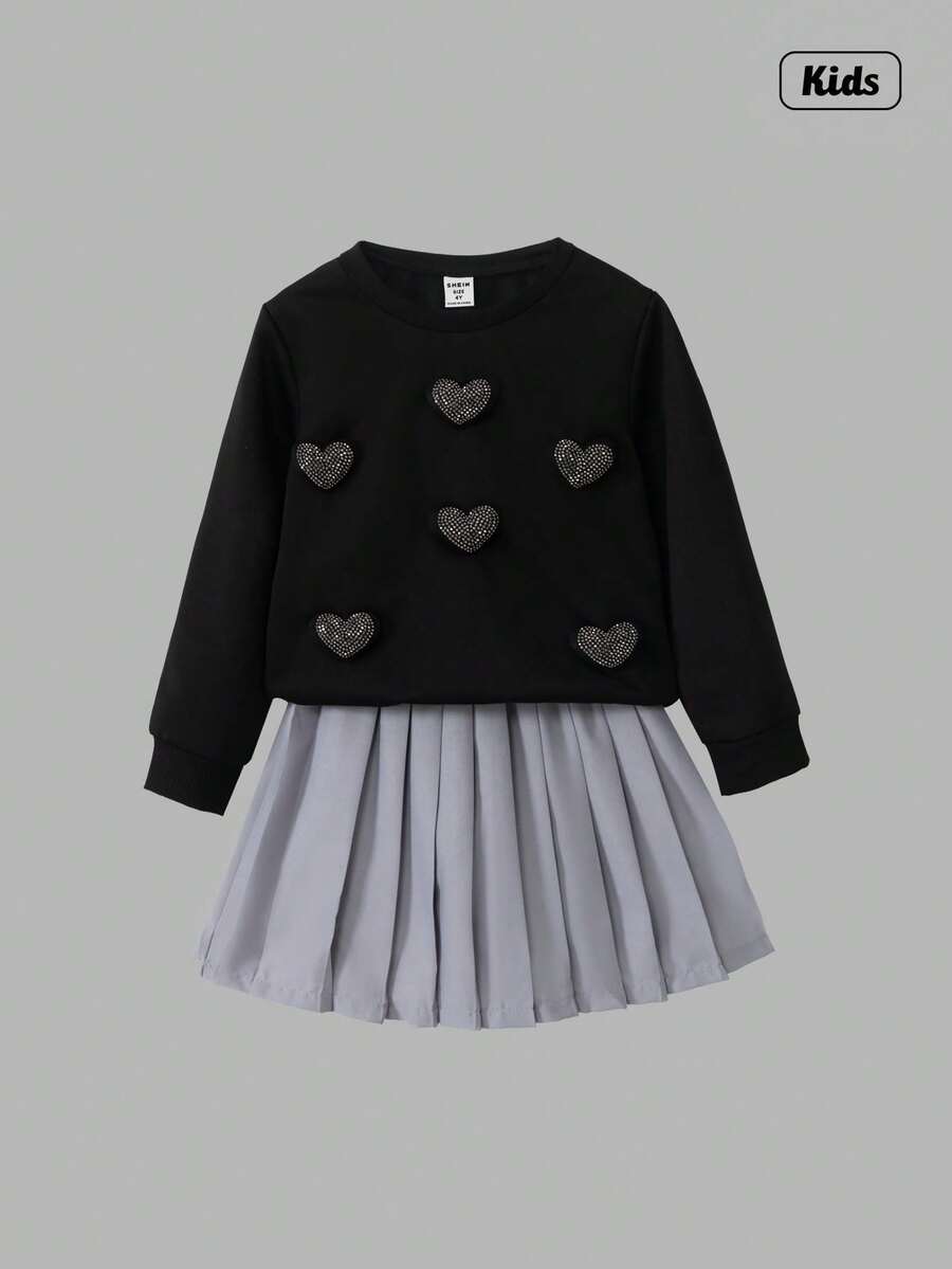 Sweetra 2pcs/Set Young Girl' Sweatshirt Top And Heart Decor Pleated Skirt Set, Spring Autumn Chic Outfits For Autumn/Winter - Black - View 1