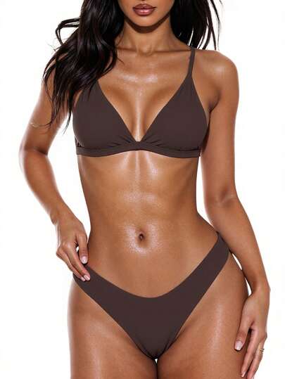 SHEIN Swim Conjunto de bikini de unicolor sexy para mujer, playa de verano