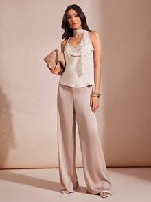 L'Amorae Women Satin Cowl Neck Inset Attached Scarf Cami Top, Holiday New Years Date Night - Apricot - View 3