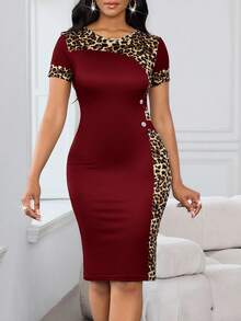 SHEIN Lady 女士优雅通勤豹纹拼接修身中长连衣裙 - 酒紅色 - 查看 4
