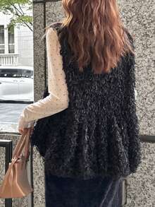 FRIFUL 女式黑色无袖拼接毛绒面料褶皱设计宽松休闲百搭分层背心，秋季 - 黑色 - 查看 5
