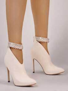 Botín femenino con aplicación de diamantes, punta fina, sin cordones, tacón delgado, estilo elegante para fiesta y evento social - Beis - Ver 3