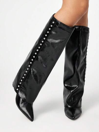 Women's Pointed Toe Pearl Decor Chunky Heel Over-The-Knee Boots