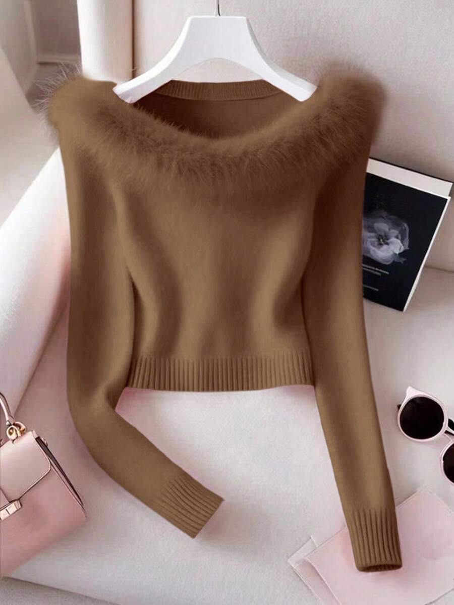 Franclia Áo len cổ lông chắp vá màu trơn đơn giản dành cho nữ - Cà phê nâu - Xem 1