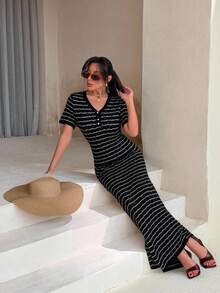 SHEIN Tall 高个女装夏季钩针编织沙滩度假春季度假装波西米亚风连衣裙套装 - 黑與白 - 查看 4