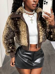 Zolique 女式复古别致仿毛领厚鹿纹修身休闲夹克 - 摩卡棕 - 查看 5