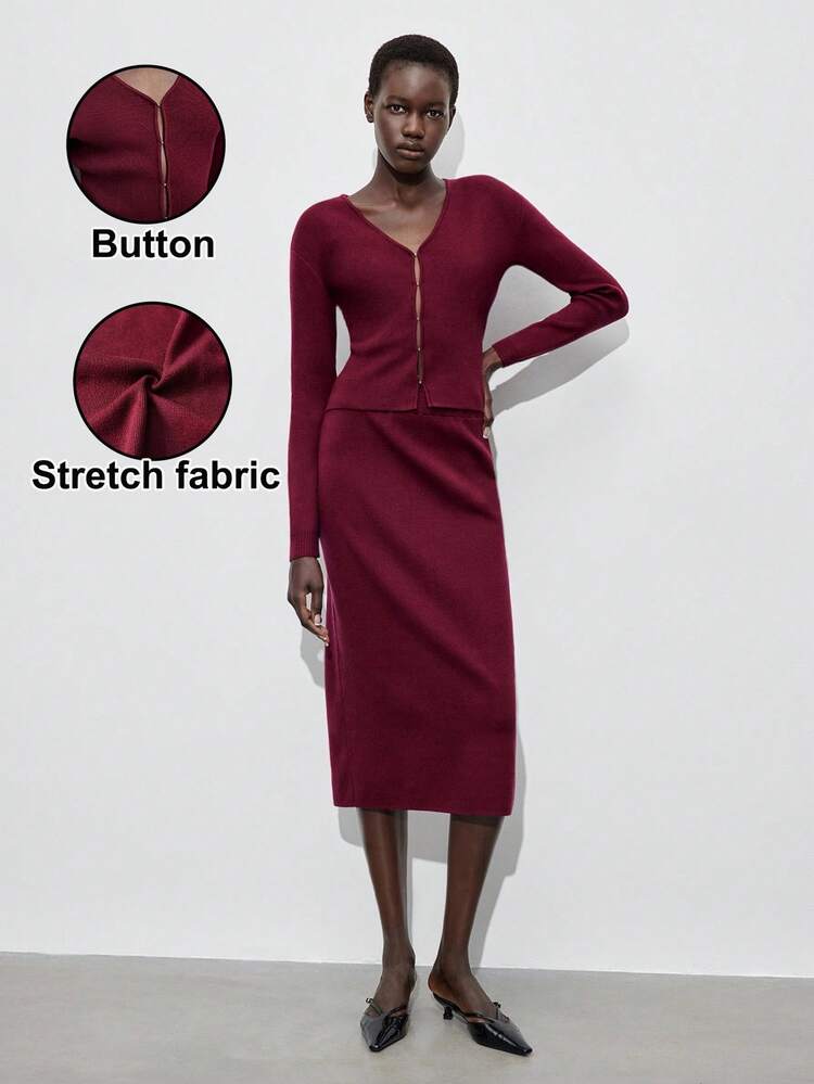 SHEIN Maija Women's Elegant Commuter Solid Color Cardigan & Knit Skirt 2 Pieces Set  Autumn Dress Christmas Women's Clothing  New Year Dress Casual Dresses For Women  Red Dress  Red Dresses For Women New Year Women's Clothes Elegant Dresses For Party Party Dresses For Women New Year Women's Clothes  Elegant Dresses For Women Christmas Dress