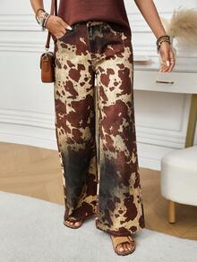 EMERY ROSE Women's Printed Casual Denim Jeans Cow Print Pants Women Wide Leg Pants Palazzo Pants Women Western Pants