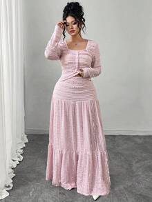 Elenzga 2pcs/Set Plus Size Women Textured Fabric Casual Vacation Style Long Sleeve Square Neck Collar Button Up Top And Maxi Skirt - Pink - View 4