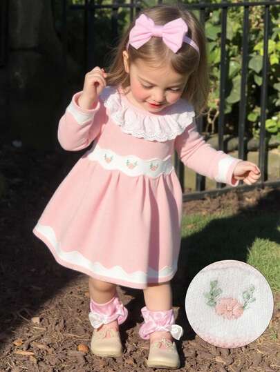 SHEIN Váy len dệt kim dài tay cổ bèo nhún cho bé gái, thiết kế thêu thanh lịch, thoải mái cho mùa thu/đông, đa năng cho hàng ngày, mặc ở nhà, đi chơi, du lịch, đi học, nhà trẻ, màu hồng