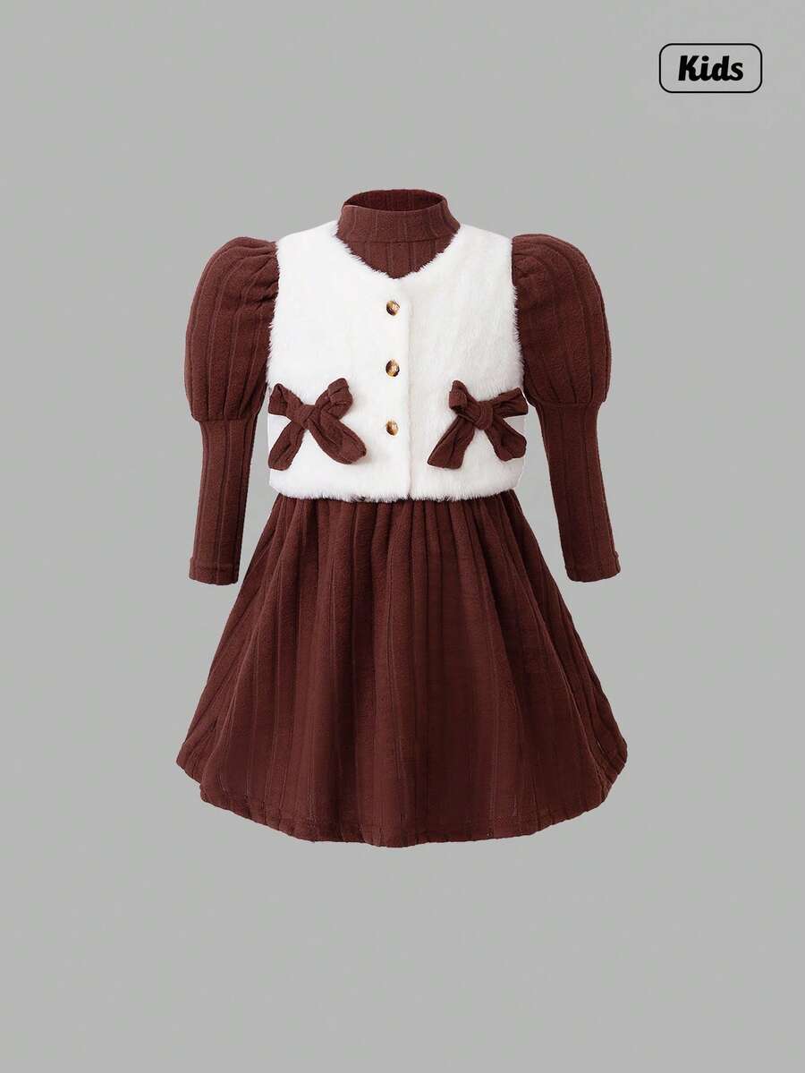 Sweetra Young Girl Elegant Lady High Neck Puff Sleeve Cinched-Waist Solid Color Plush Ribbed Dress & Round Neck Short Furry Bow Decor Vest, Autumn/Winter 2 Pieces Set - Coffee Brown - View 1