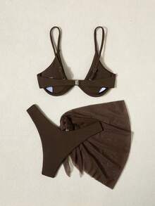 Swim Basics 3pcs Set Solid Color Rhinestone Decor Bikini For Beach/Resort For Summer Beach Vacation - Coffee Brown - View 6