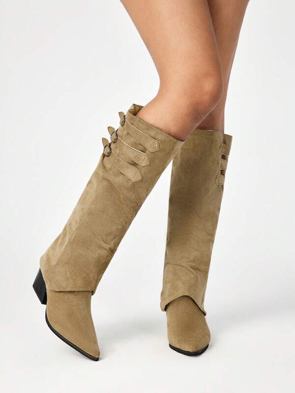 ROMWE Fairycore Botas de tobillo de moda para mujer, botas medianas color albaricoque, botas de punta fina versátiles y de moda, botas casuales con altura aumentada desmontable de dos vías