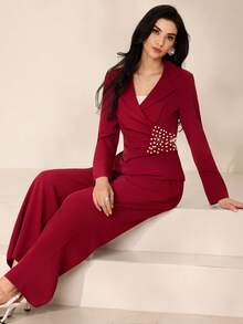 Modelyn 两件套女士V领不对称腰部褶皱设计套装 - 紅色 - 查看 6