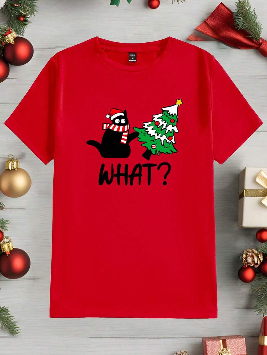 Manfinity Homme Weihnachts-Katzenbaby, das den Weihnachtsbaum umwirft, Slim Fit Herren Große Größen Kurzarm T-Shirt, gemütliche Familienatmosphäre passend für Eltern-Kind/Paar - Rot - Übersicht 1