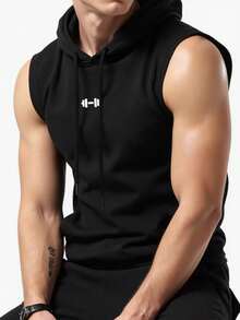 Manfinity Sport Corelite 男士印花连帽领时尚夏季运动背心无袖连帽衫健身上衣套装连帽衫无袖上衣 - 黑色 - 查看 6