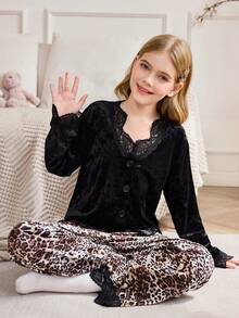 SHEIN Girls' Velvet Lace Leopard Print Long Sleeve & Long Pants Pajama Set - Multicolor - View 1