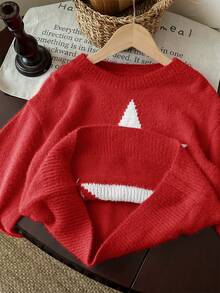 Tween Girl Star Pattern Round Neck Drop Shoulder Sweater, Sibling - Red - View 7