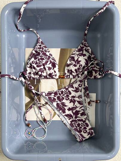 Swim Mod Women's Summer Beach Floral Print Halter Tie Sexy Bikini Swimsuit Set