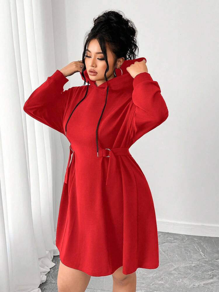 Elenzga Vestido con capucha, cintura con cordón, de estilo casual y elegante, cómodo para el día a día - Rojo - Añade 6