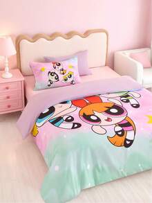 THE POWERPUFF GIRLS X SHEIN 3Pc Love Little Policewoman Printed Rainbow Symphony Quilt Cover Set, Polished Material, Soft And Warm, Color Quilt Cover, Multiple Sizes, Suitable For Single/Double/Queen/King Bubbles, Blossom, Buttercup,Gift Ideas - 彩色 - 查看 5