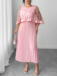 Elenzga Plus Size Women Elegant Pleated Floral Dress, Light Formal Dress - Pink - View 5
