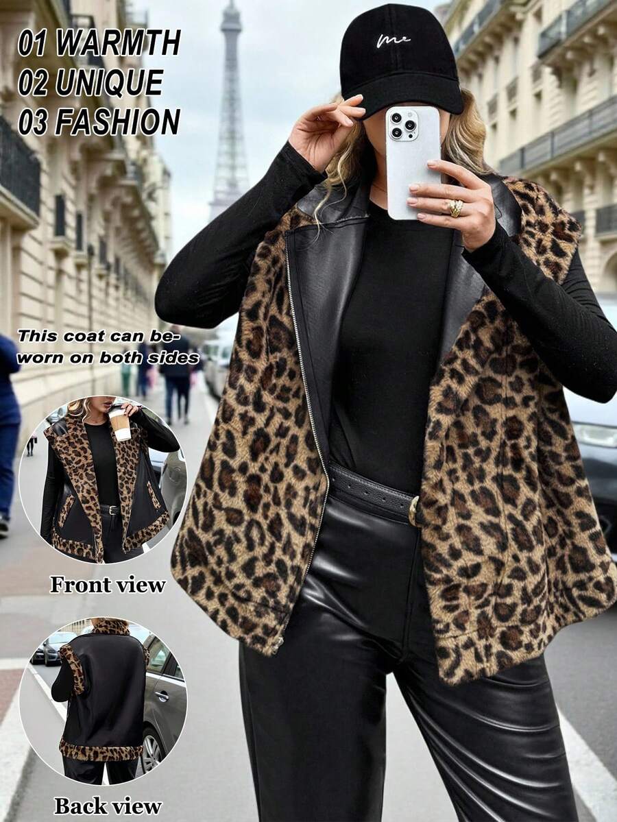 EMERY ROSE Chaqueta/chaleco de mujer de talla grande de piel sintética y piel sintética, de estilo casual y de moda