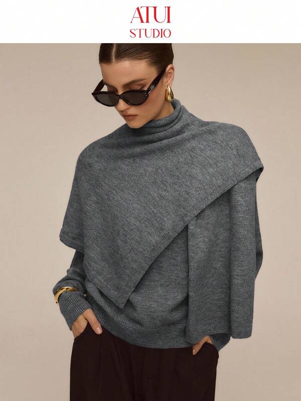 ATUI Studio Damen Lässig Schal Kragen einfarbiger Langarm Pullover, Schal Kragen Pullover, grauer Pullover, Herbst Pullover, Damen Herbst Pullover, Damen Pullover, Herbst Woll Pullover, Herbst, Outdoor, grauer Pullover