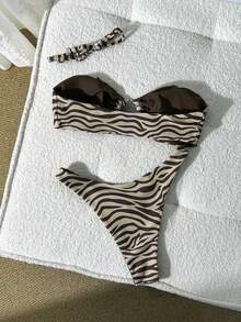 Swim Vcay Women's Sexy Zebra Print Halter Tie Front Bikini Swimsuit Set, Summer Beach - Apricot - View 2