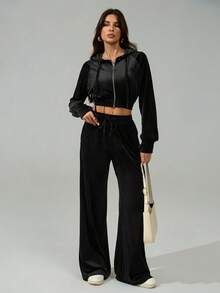 SHEIN Tall مجموعة هوديي وبنطلون قصير بلون أحادي للنساء قطعتان - الأسود - مشاهدة 6