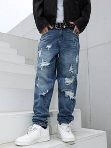 Manfinity LEGND Herren-Jeans in Blau mit Used-Look, schmal geschnitten, verwaschen, lässig-elegant – die perfekte Jeans für Freunde und Ehemänner. - Mittele Waschung - Übersicht 8
